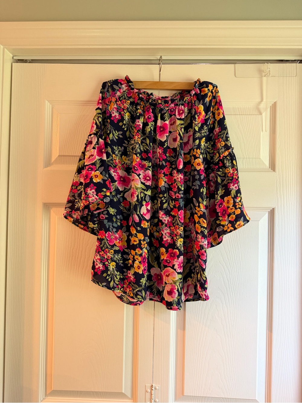 Marshalls Navy Floral Off-Shoulder Blouse with Pink & Yellow Blooms